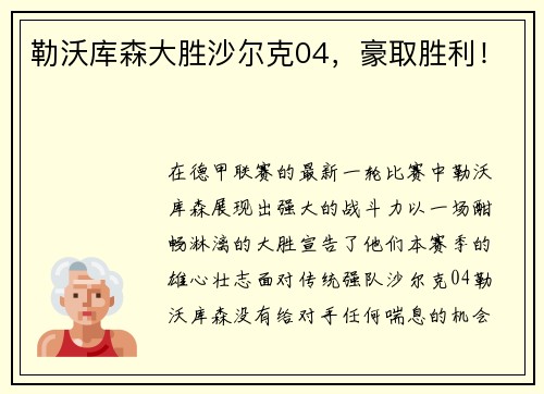勒沃库森大胜沙尔克04，豪取胜利！