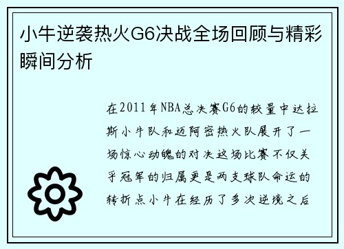 小牛逆袭热火G6决战全场回顾与精彩瞬间分析